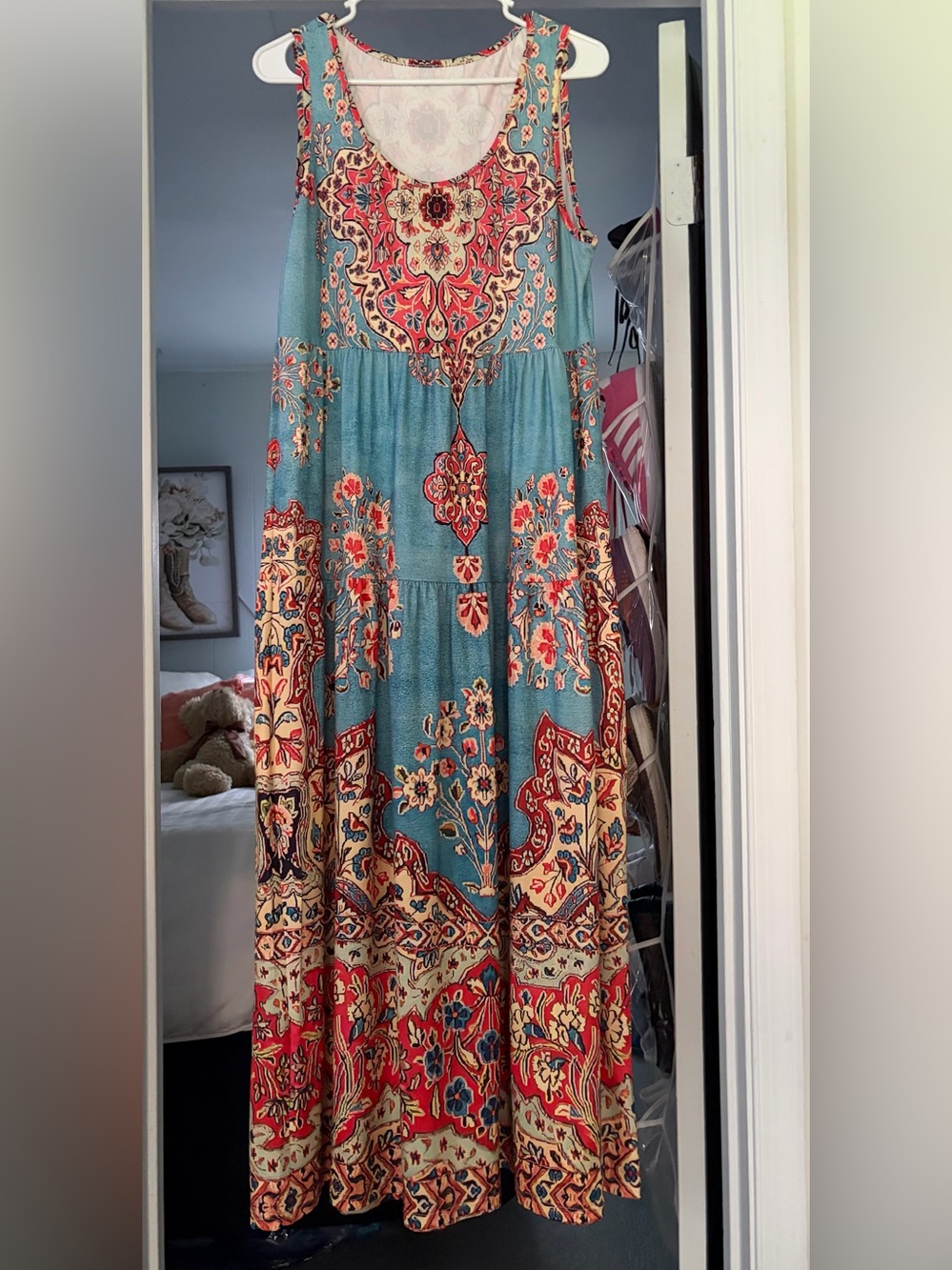 Boho Floral Tiered Maxi Dress in Teal and Orange